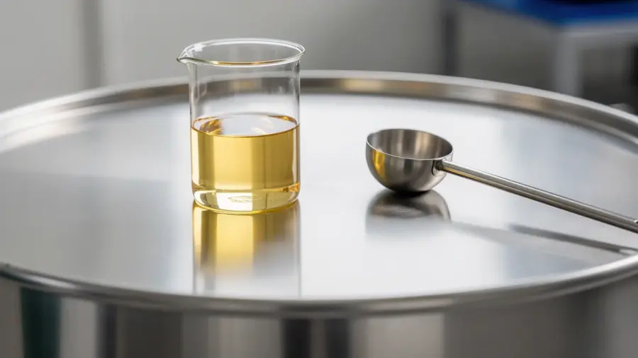 A glass beaker of pale golden oil and a sampling ladle on the lid of a steel drum