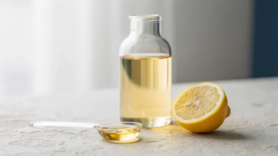 A clear bottle of pale golden omega-3 oil with a dosing spoon and half a lemon