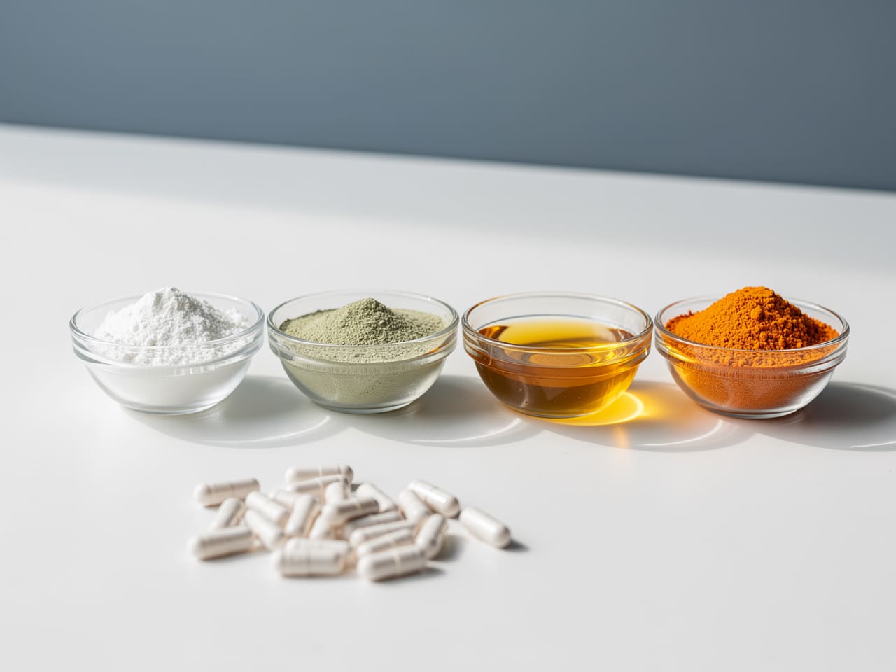 Ingredient powders and oil in glass bowls with empty capsules