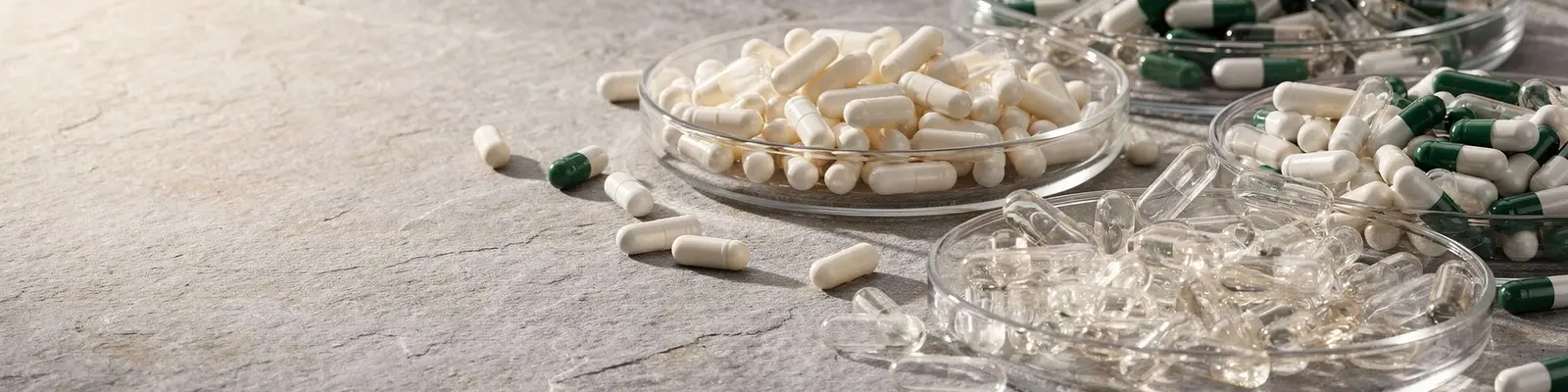 Empty hard capsules in glass dishes: white, clear and green-and-white shells