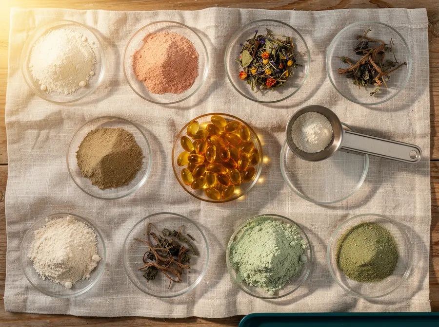 Ingredient powders, oils and botanicals in glass dishes